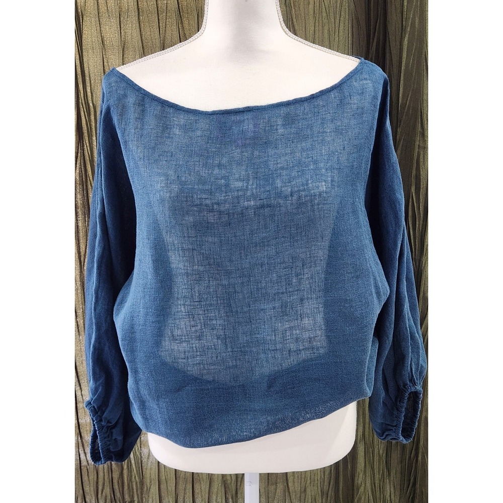 Michelle Farmer Womens Blue 100% Linen Boat Neck Balloon Sleeve Blouse Size M